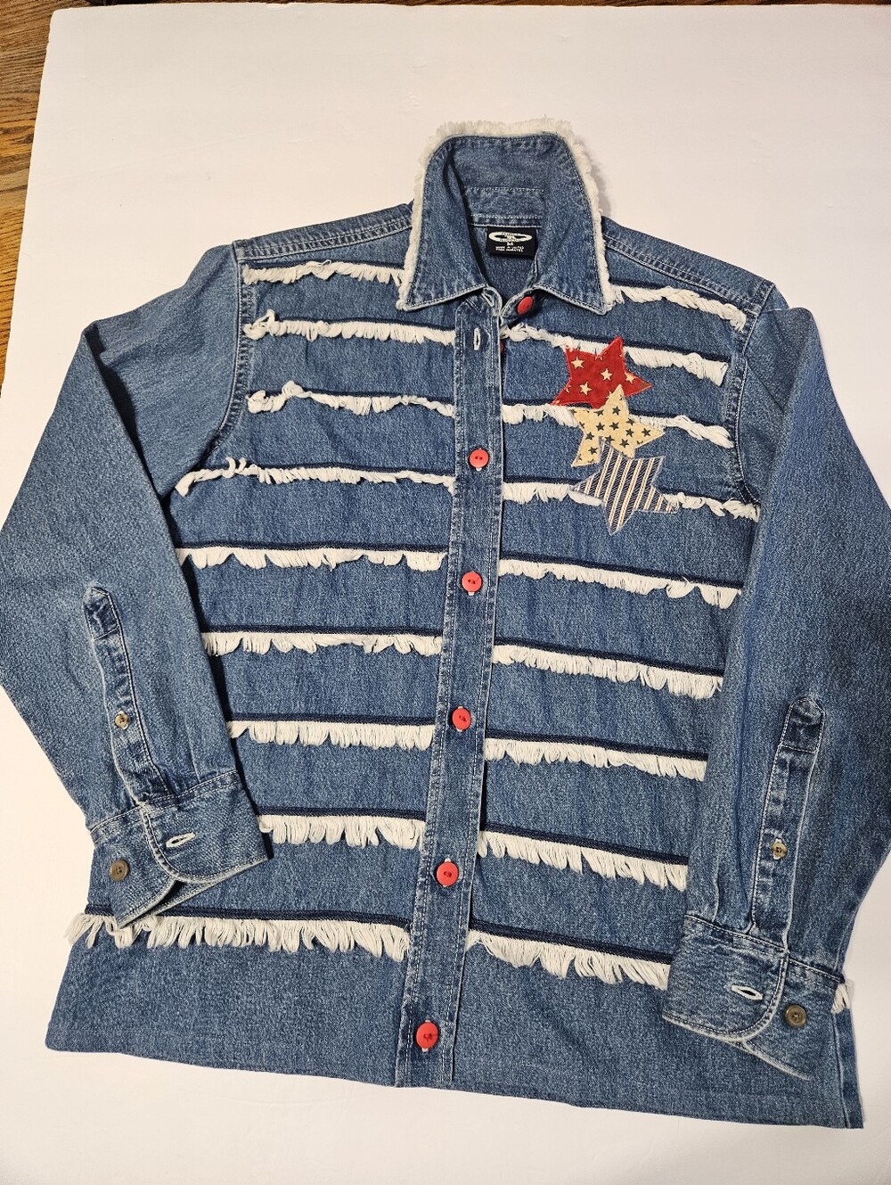 4th Of July! Three Rivers Vintage Frayed Stripe Denim Button-Up W/ Star Patches